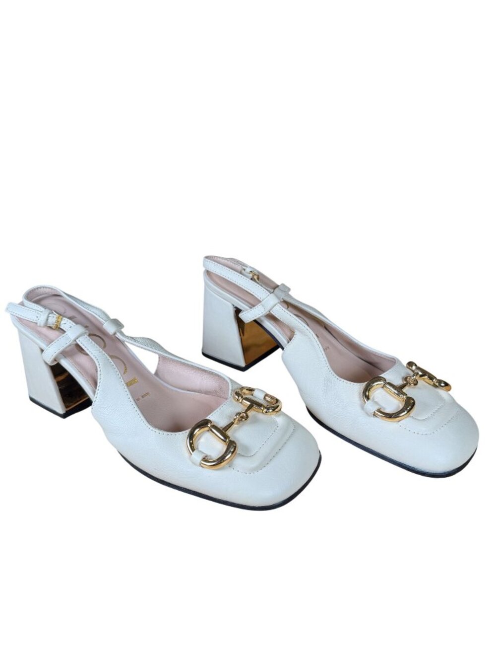 Gucci Baby Horsebit White Leather Slingback Pumps Block Heels Size EU 39 US 9